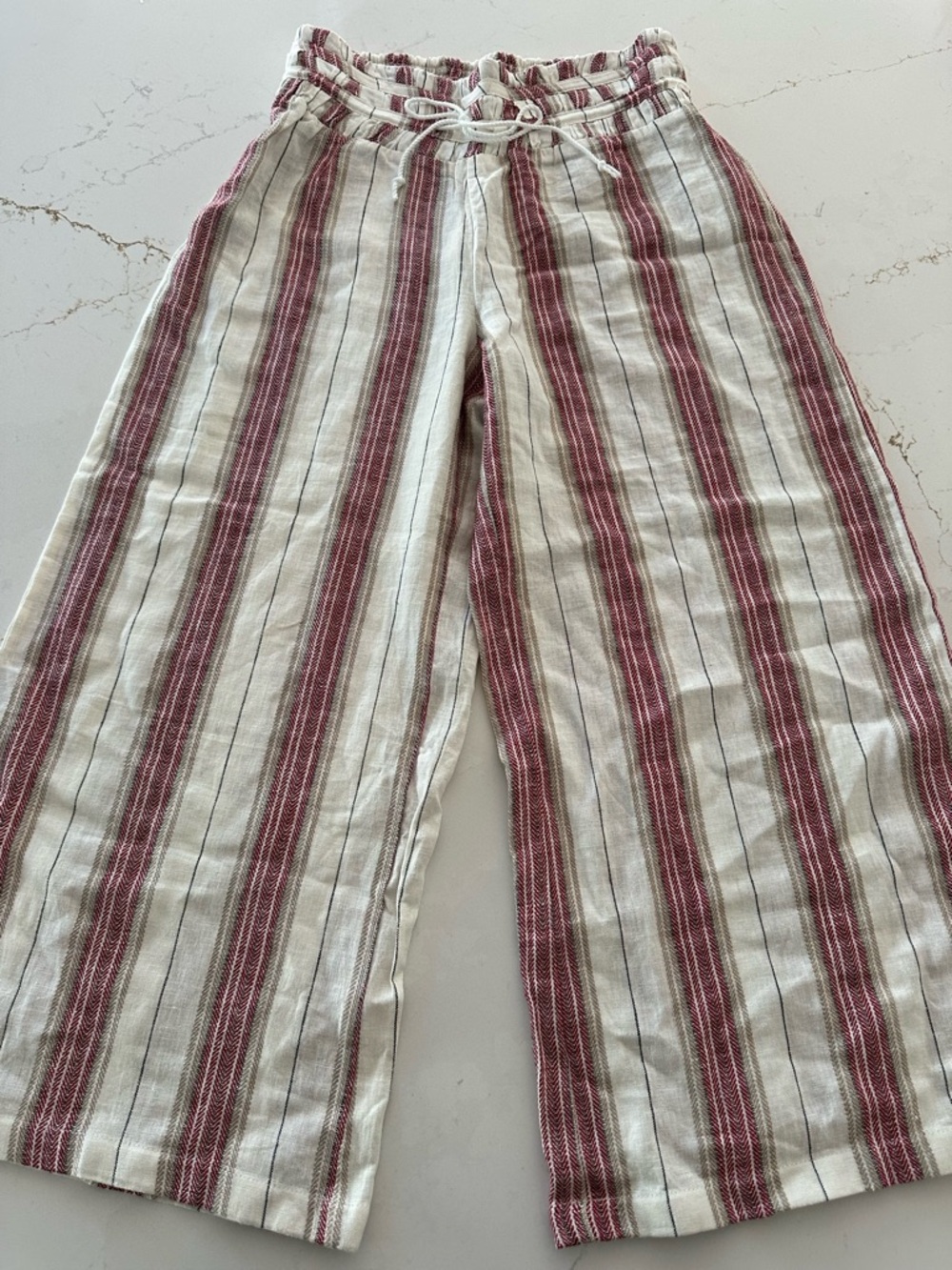 Wide Leg Striped Drawstring Pants - Cream & Burgundy linen pant .  Size L